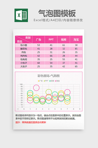 玫红色镂空圆环气泡图excel模板图片