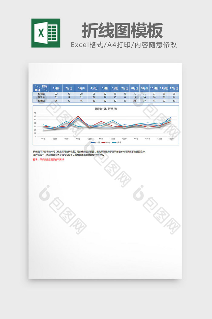 蓝色立体阴影折线图excel模板图片图片