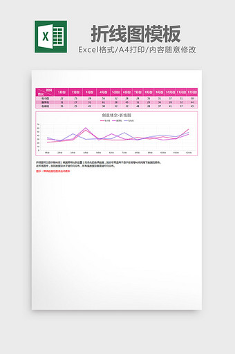玫红色镂空折线图excel模板图片
