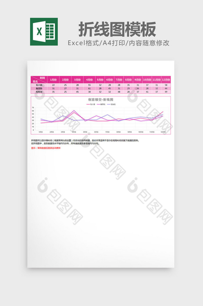 玫红色镂空折线图excel模板图片图片