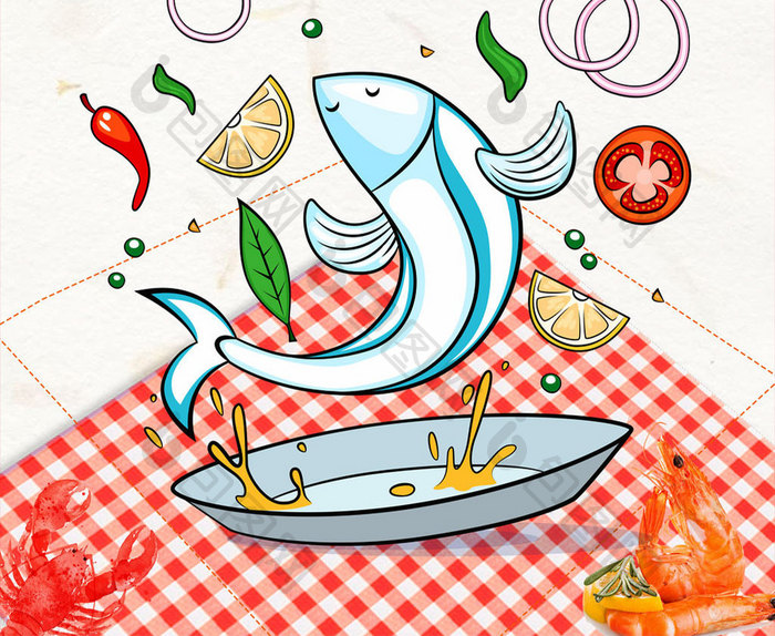 简约清晰海鲜自助美食创意手绘风促销海报