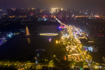 山东菏泽古城夜景航拍摄影图