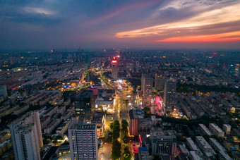 山东济宁城市夜幕降临<strong>晚霞</strong>夜景航拍摄影<strong>图</strong>