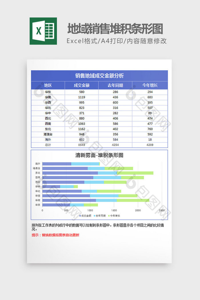 蓝色雾面地域销售堆积条形图excel模板