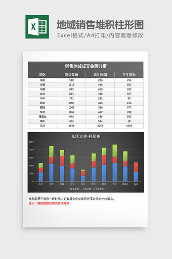 黑色地域销售堆积柱形图excel模板图片