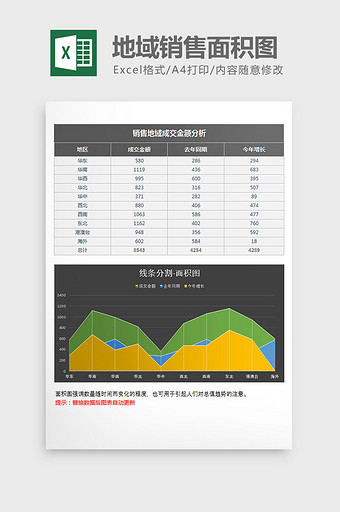 黑色线条分割地域销售面积图excel模板图片