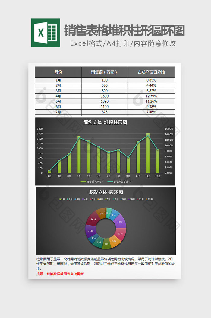 黑色销售表格堆积柱形圆环图Excel模板