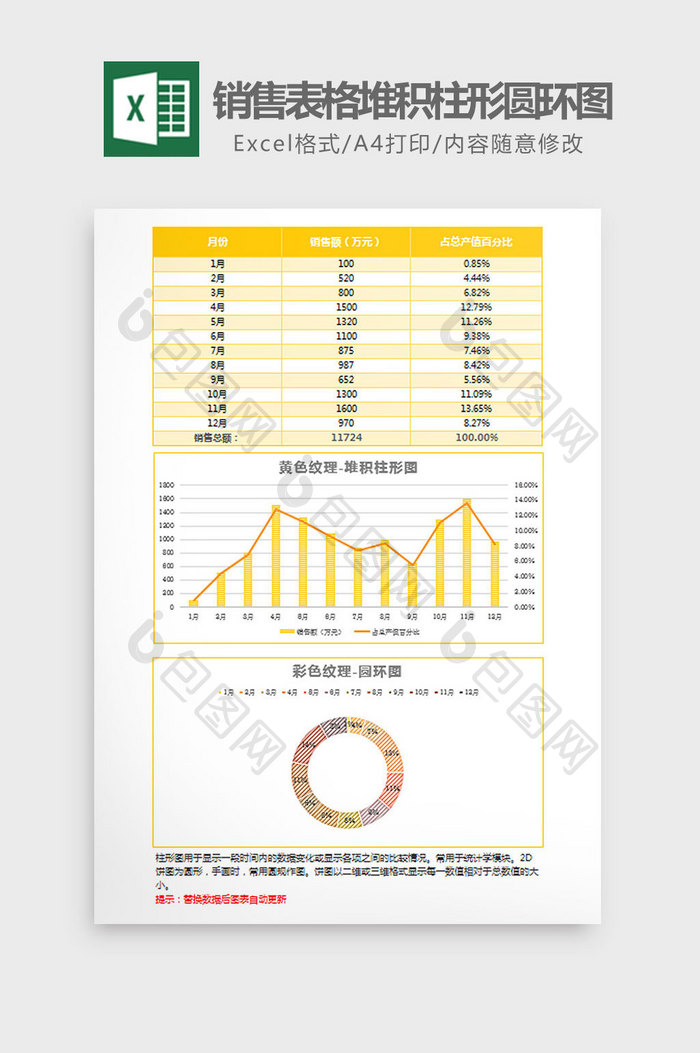 黄色销售表格堆积柱形圆环图Excel模板