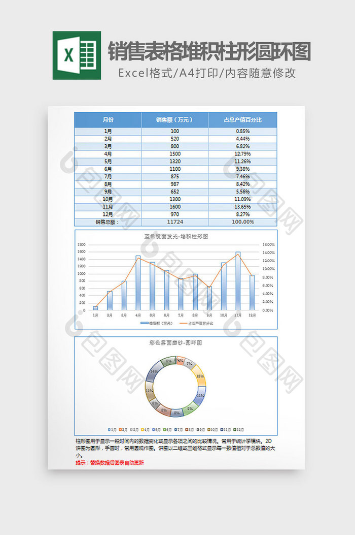 蓝色销售表格堆积柱形圆环图Excel模板