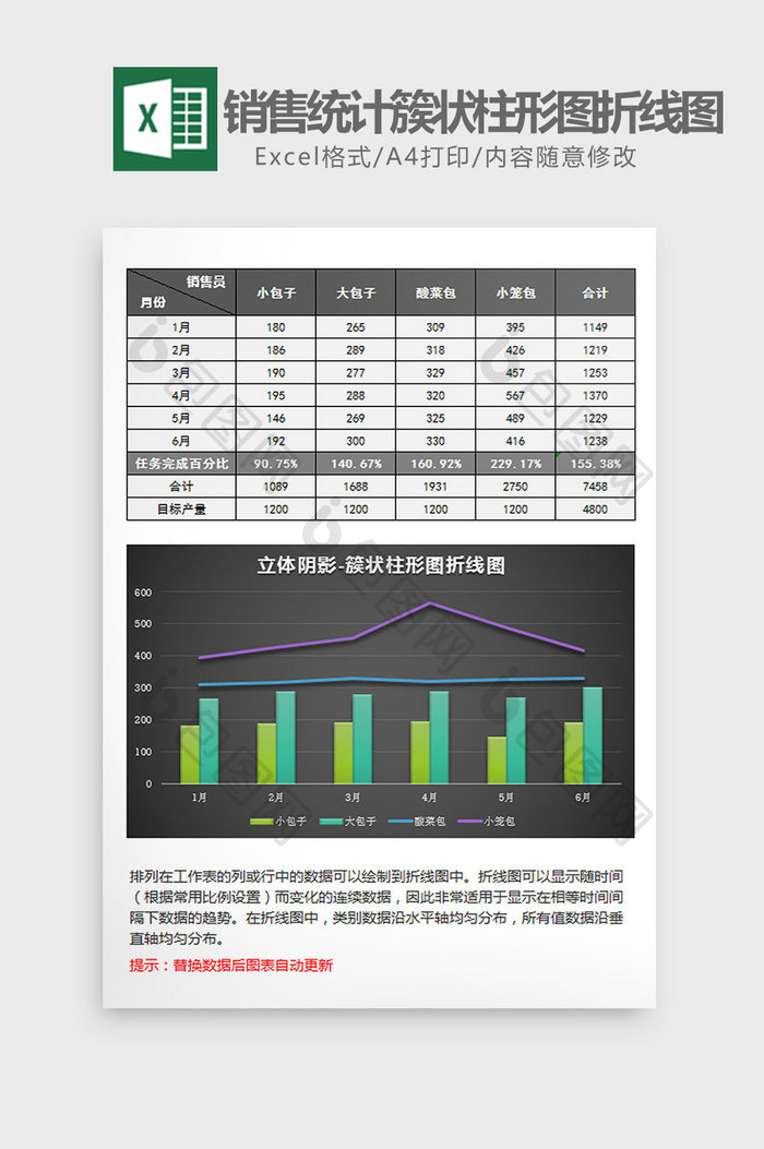 销售统计簇状柱形图折线图excel模板黑