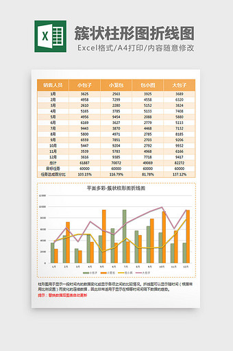 简约立体簇状柱形图折线图Excel模板图片