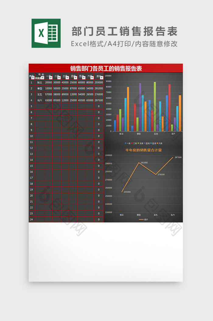 销售部门各员工半年度的销售报告表Exce