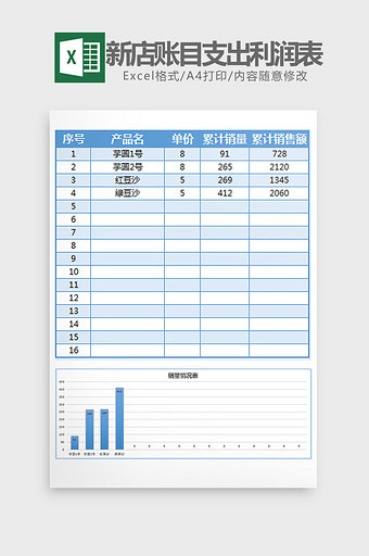 蓝色新店开张账目支出利润表Excel模板图片