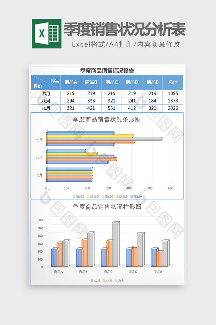 蓝色季度商品销售状况分析表Excel模板图片图片