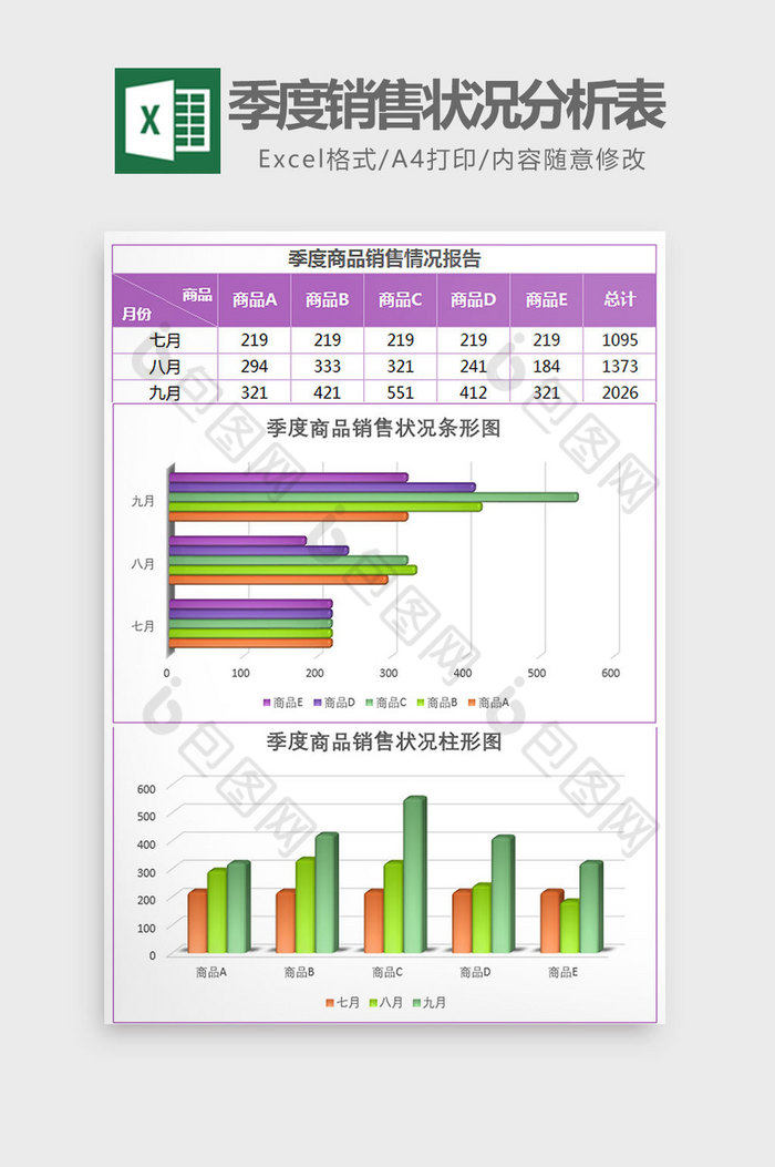 立体季度商品销售状况分析表Excel模板图片图片