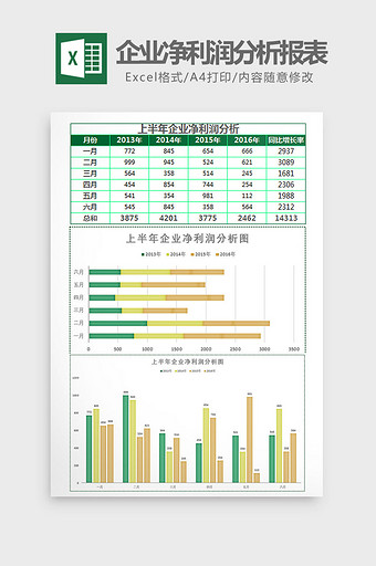 绿上半年企业净利润分析报表Excel模板图片