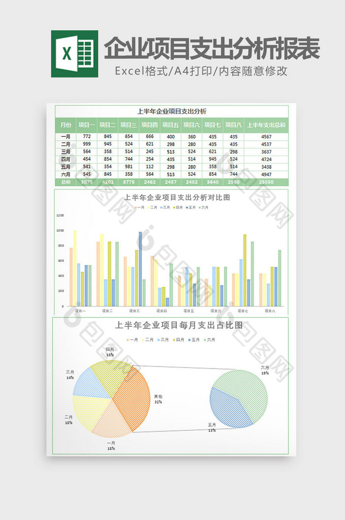 上半年项目支出分析报表Excel模板图片图片