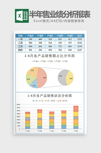 蓝色上半年销售业绩分析报表Excel模板