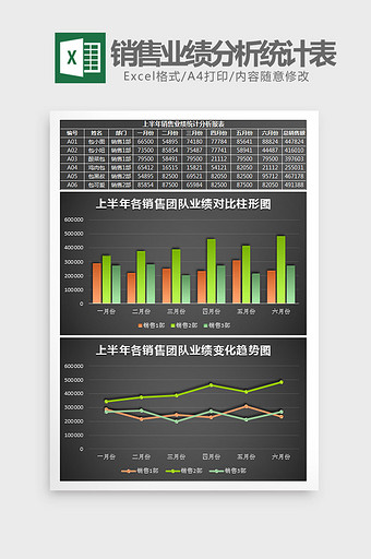 上半年销售业绩分析统计表Excel模板黑