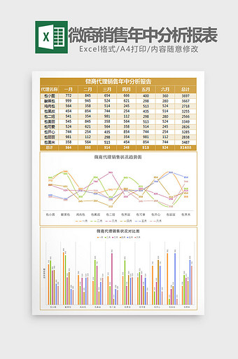 微商代理销售年中分析表Excel模板