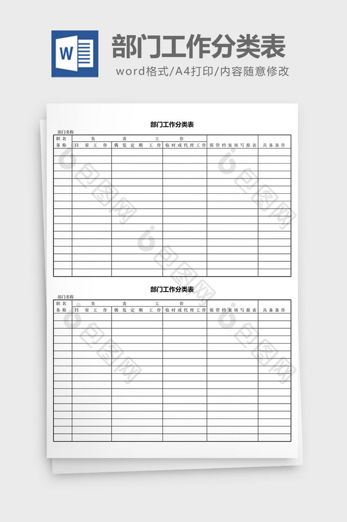 人力资源管理部门工作分类表word文档