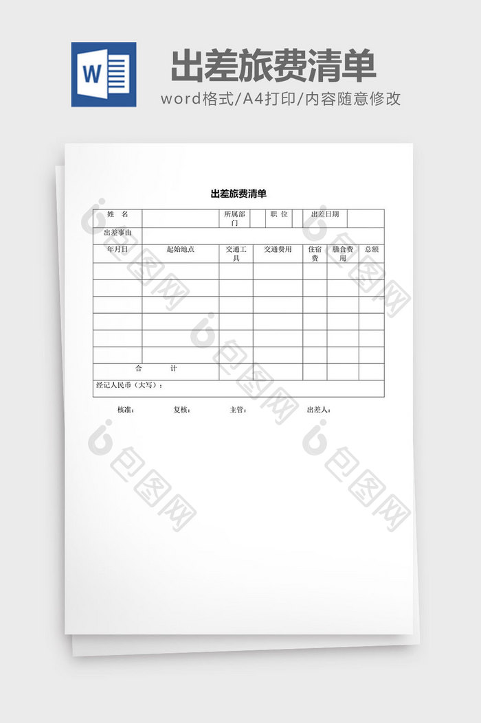 人力资源管理出差旅费清单word文档