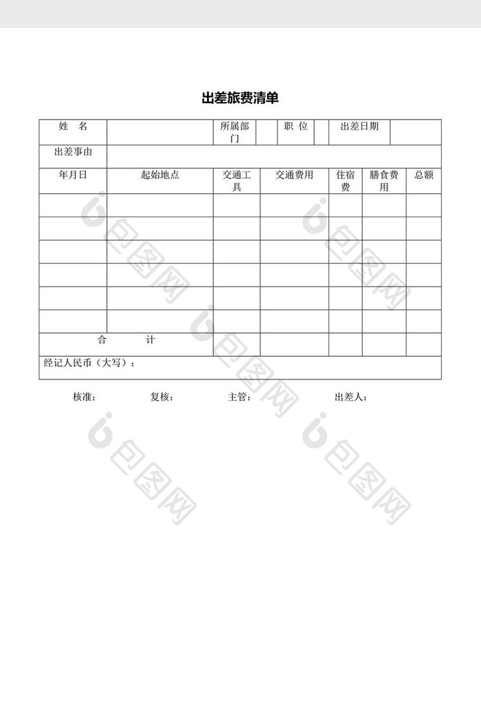 人力资源管理出差旅费清单word文档