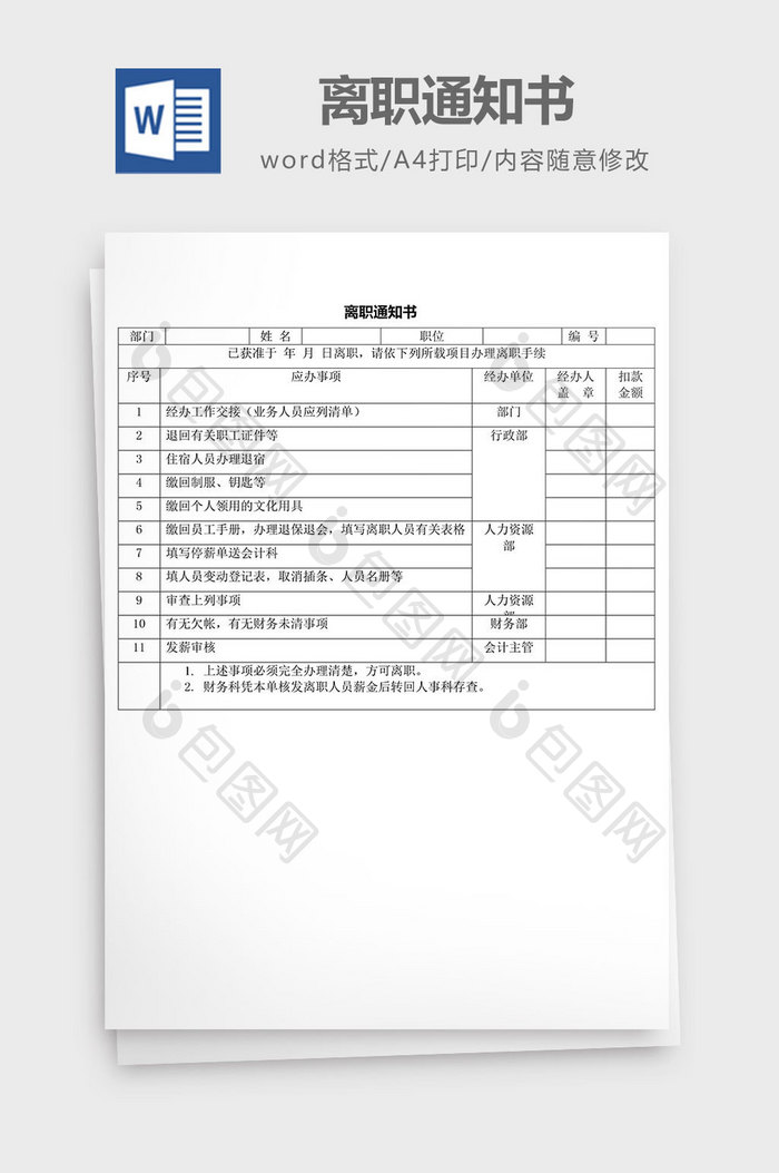 人力资源管理离职通知书word文档