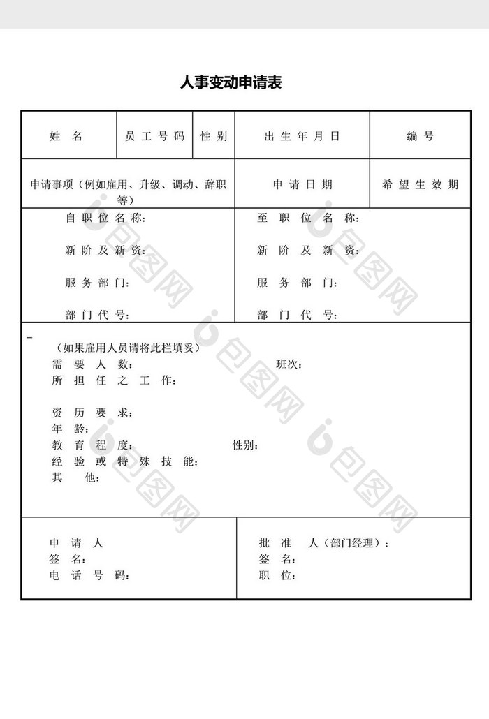 人力资源管理人事变动申请表word文档