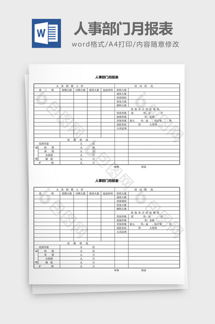 人力资源管理人事部门月报表word文档