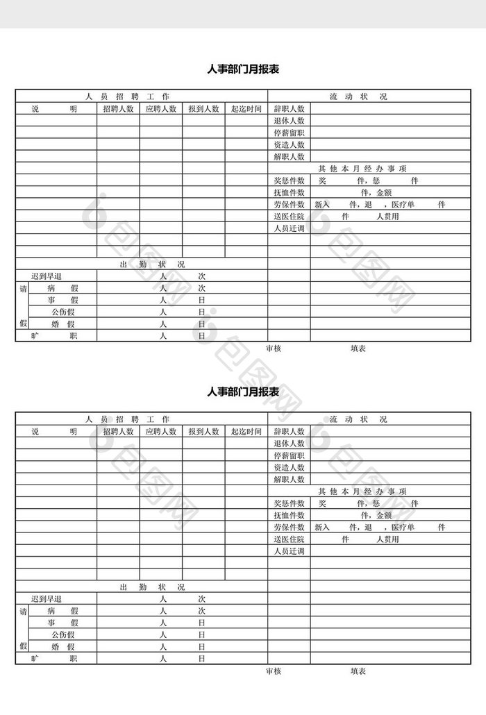 人力资源管理人事部门月报表word文档