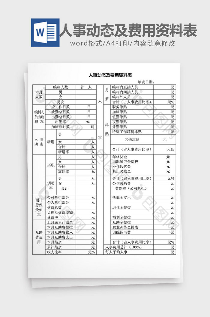 人力资源管理人事动态费用资料word模板