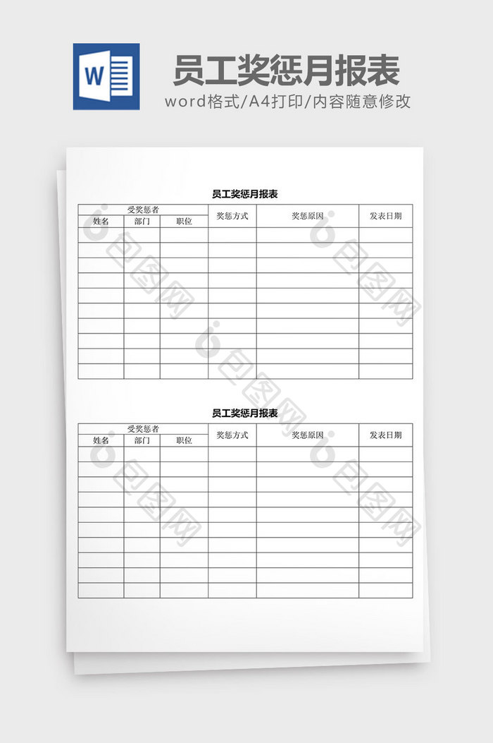 人力资源管理员工奖惩月报表word文档