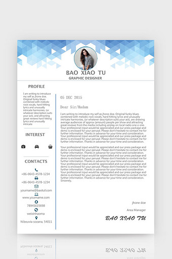 蓝色简约几何元素英文简历模板word文档图片