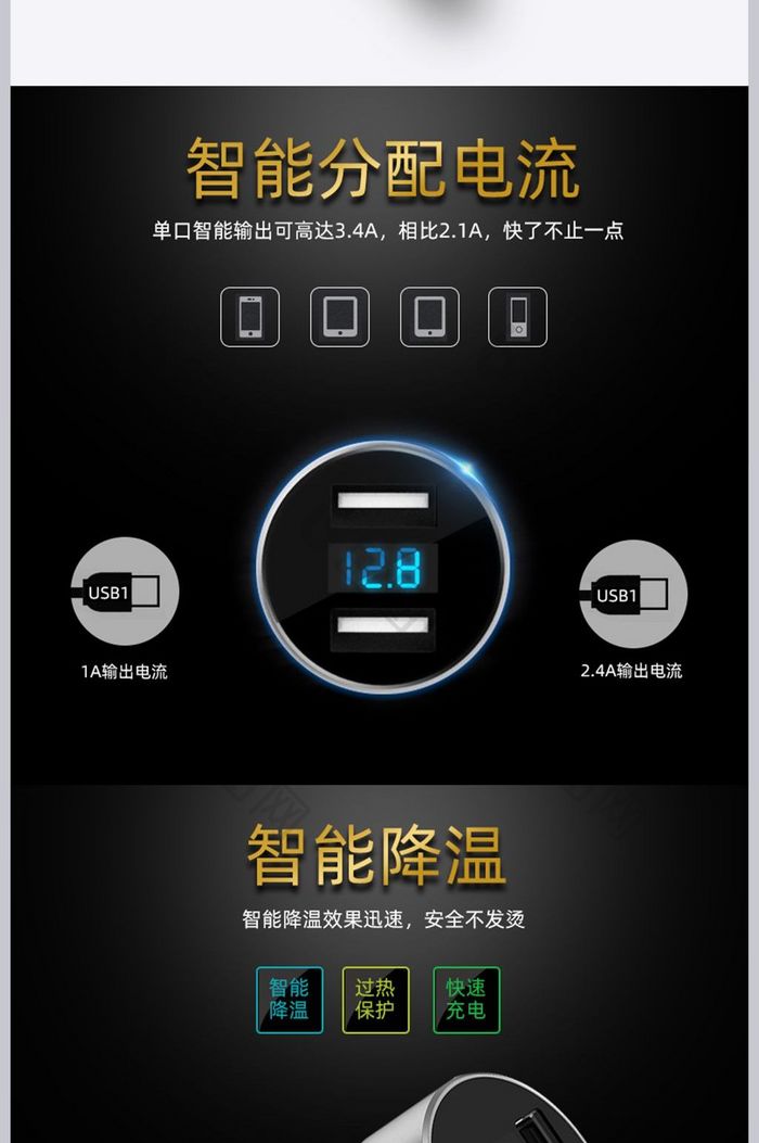 黑色大气红绸车载智能车载充电器详情页模板