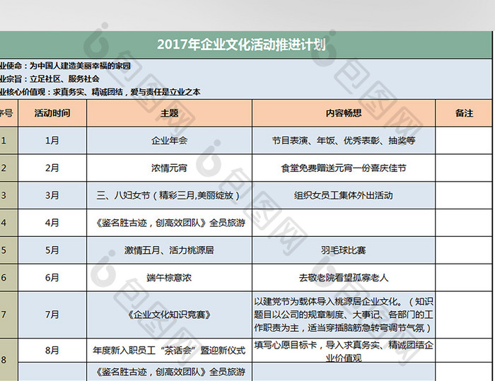 2017年企业文化活动推进计划excel