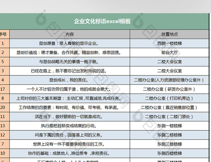 公司楼梯会议室企业文化标语excel模板