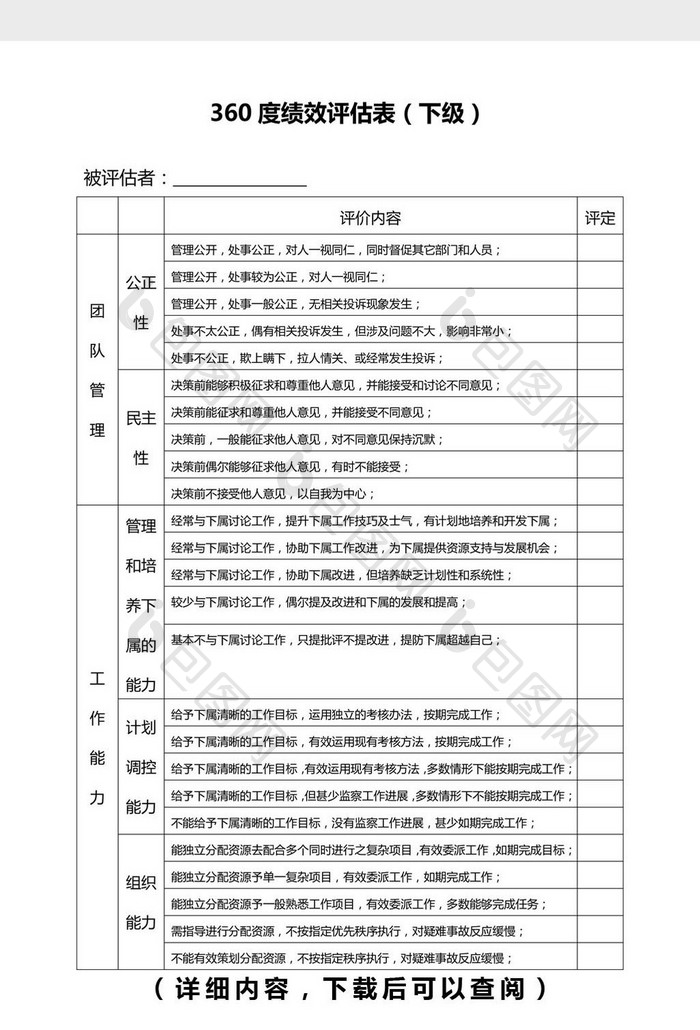 360度绩效评估表(对下级)Word模板