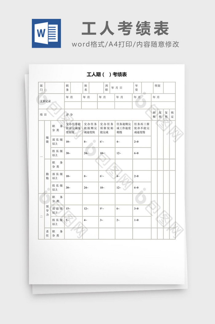 工人工期考绩表Word模板