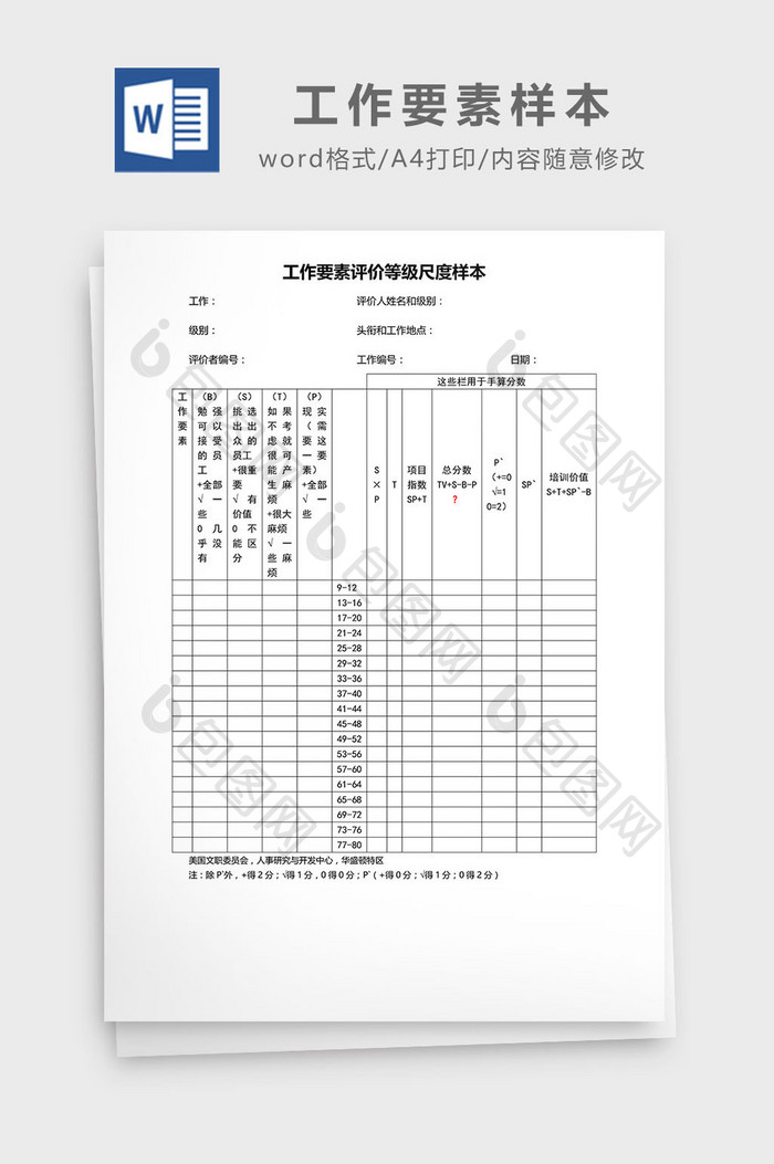 工作要素评价等级尺度样本word模板