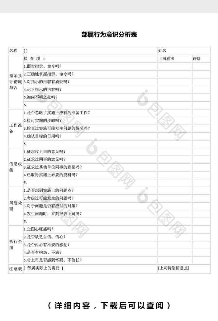 部属行为意识分析表word文档