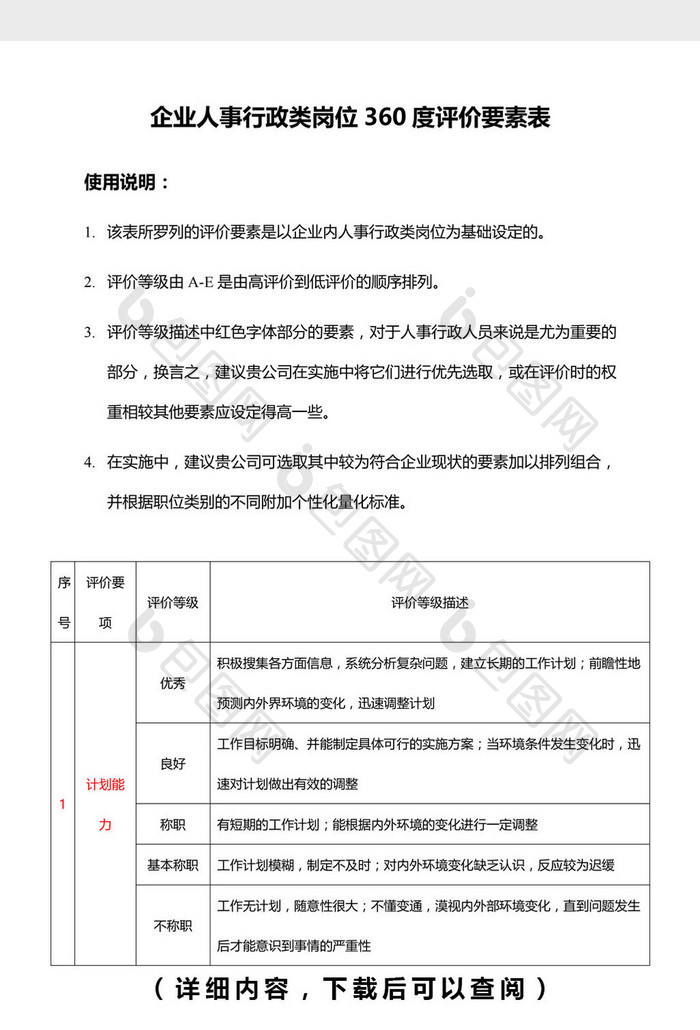 企业人事行政类岗位360度评价要素表wo