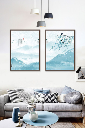 新中式中国风水墨风禅意书房客厅装饰画面图片