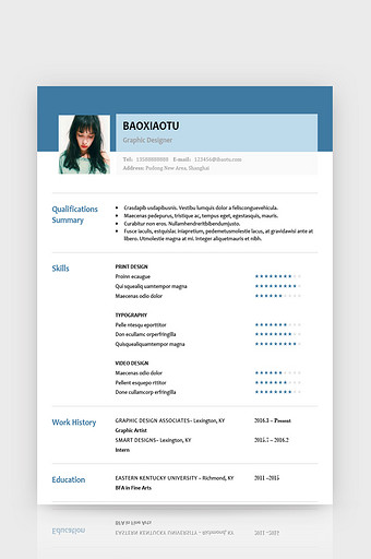 简约风蓝色设计师英文简历word简历模板图片