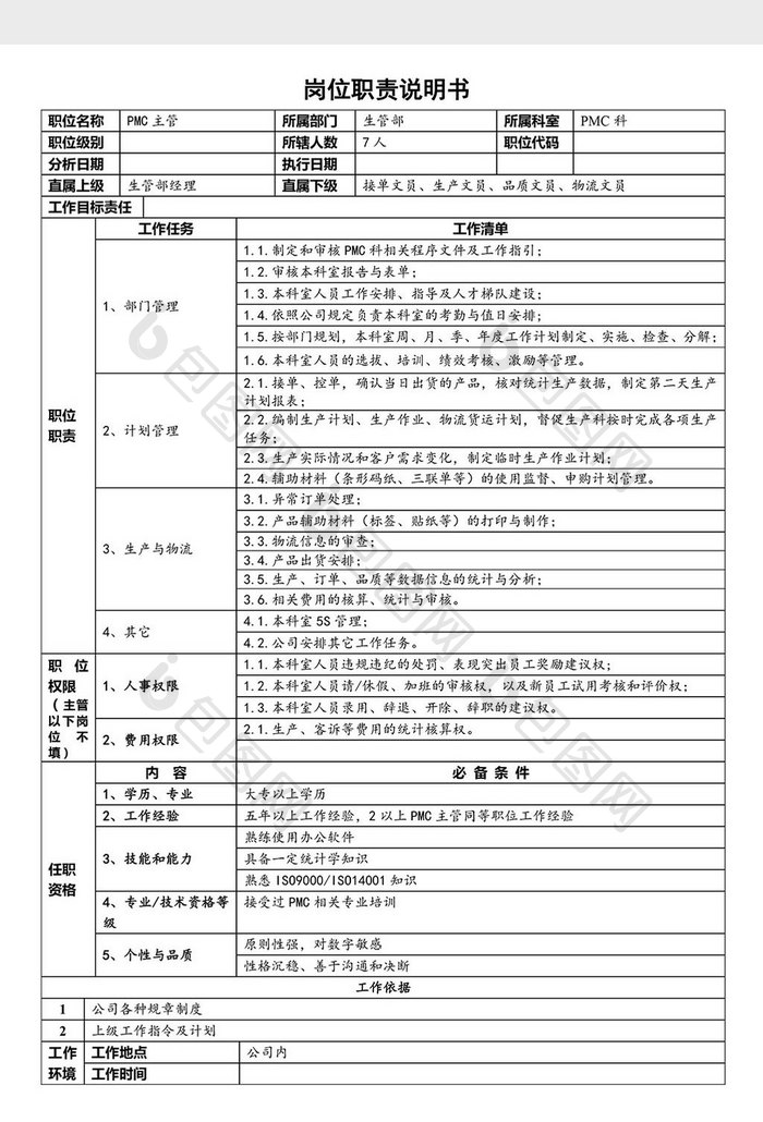 PMC科主管职责说明书word文档