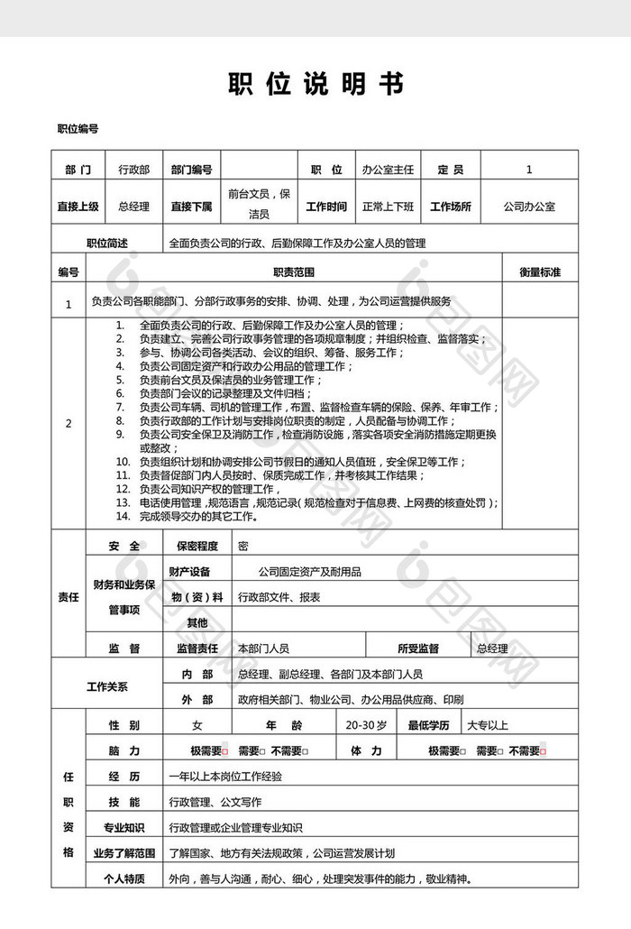 办公室主任职位说明书word文档