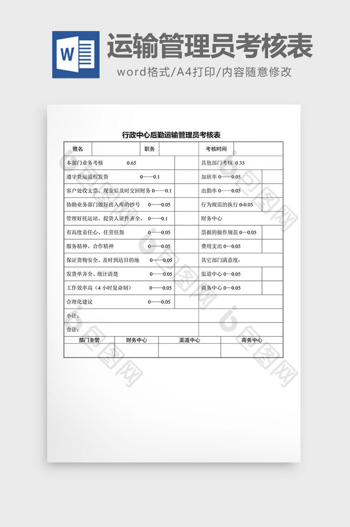 行政中心后勤运输管理员考核表word文档图片图片