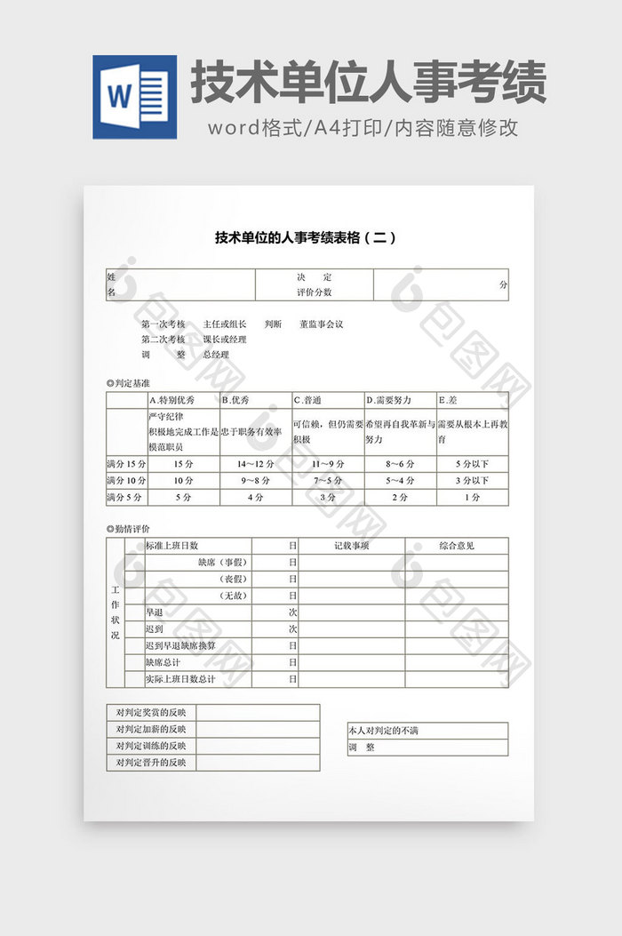 技术单位的人事考绩表格二word文档