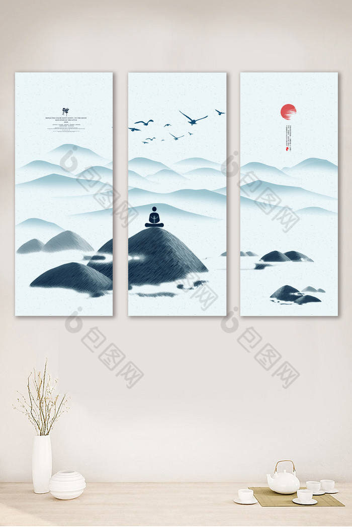 禅式新水墨客厅书房装饰画面模板-包图网