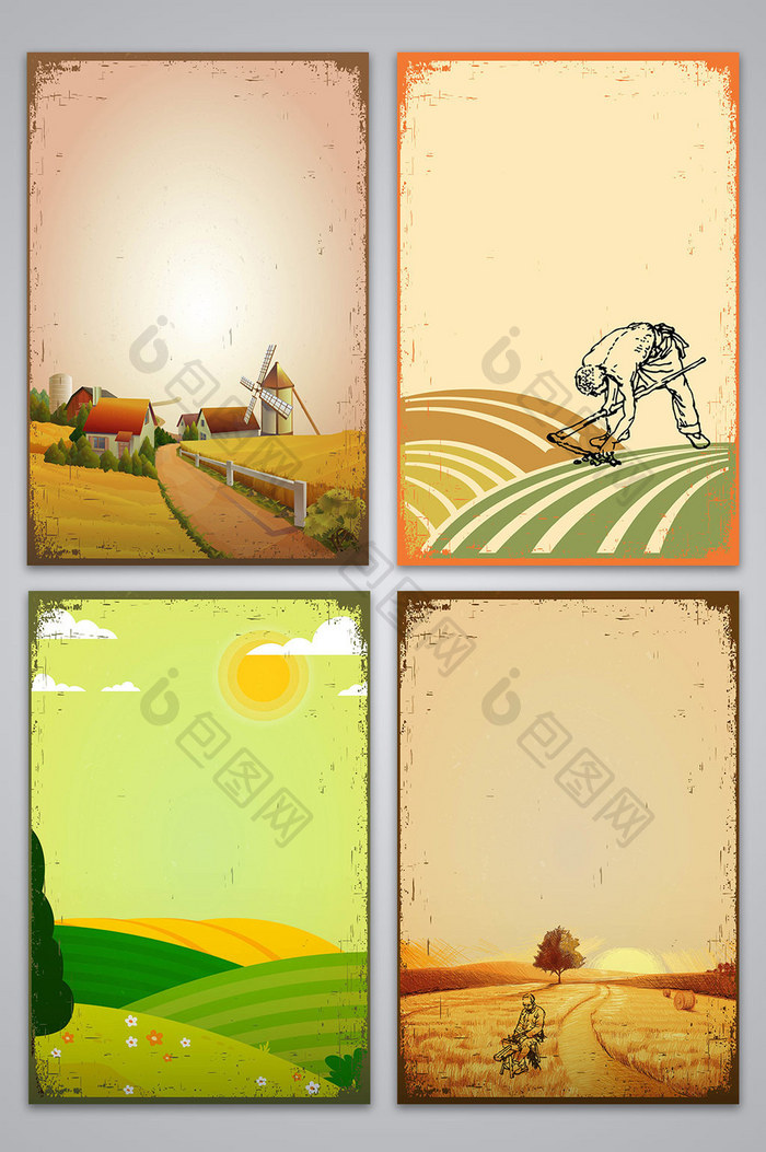 矢量手绘秋季丰收耕种田地海报背景图